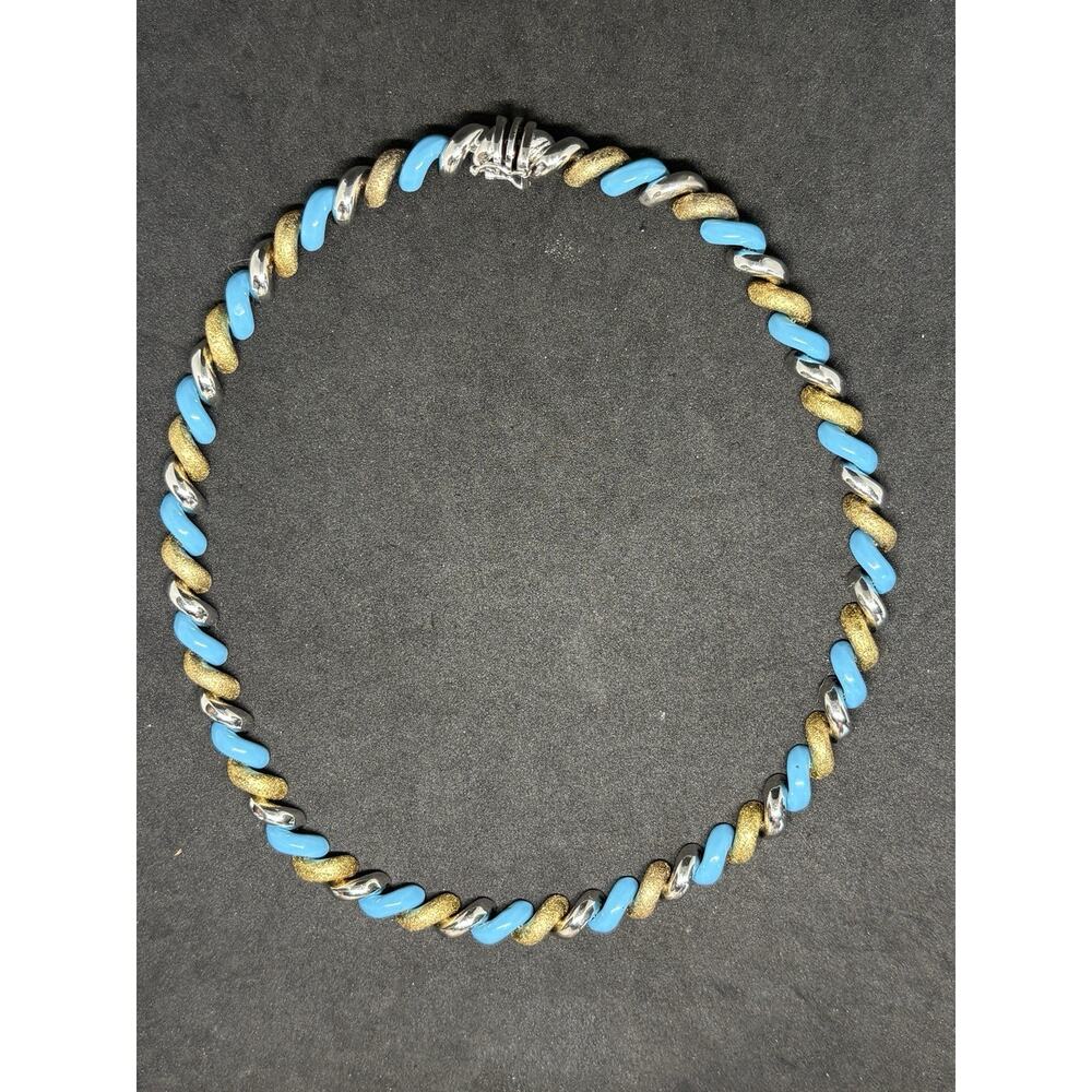 Vintage Sterling Silver 925 3 Tone Gold Turquoise Enamel Twisted Necklace KR 32g - Picture 2 of 13